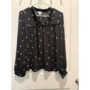 J.Crew Bow Blouse with Ruffle Neck and Velvet Trim Medium Black w/White Bows
